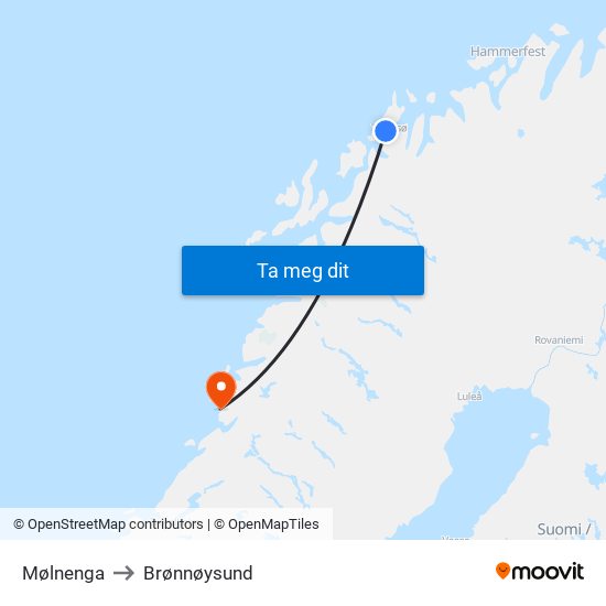 Mølnenga to Brønnøysund map
