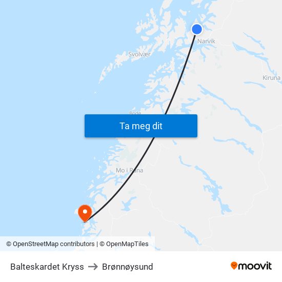 Balteskardet Kryss to Brønnøysund map