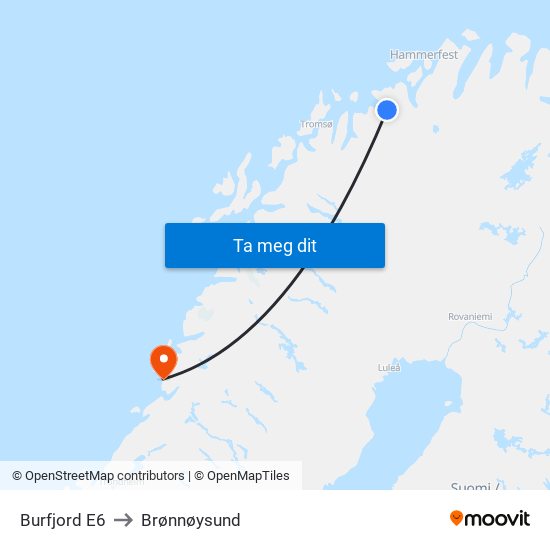 Burfjord E6 to Brønnøysund map