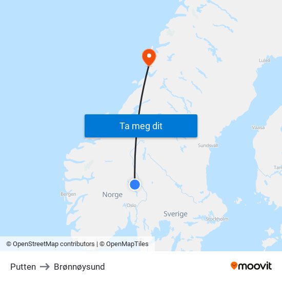 Putten to Brønnøysund map