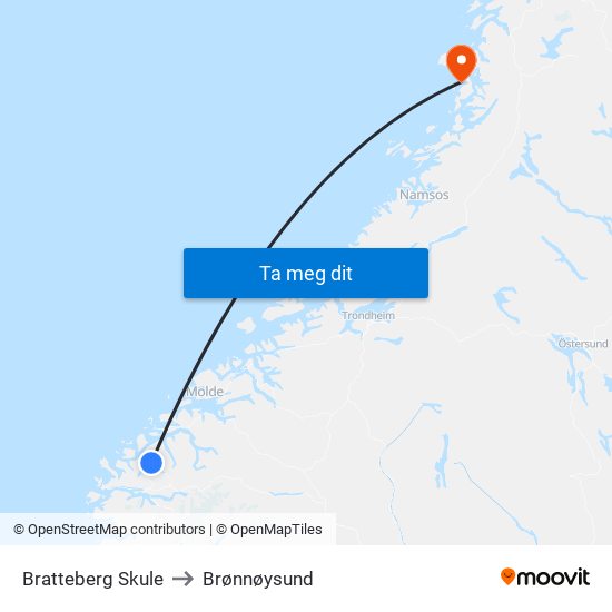 Bratteberg Skule to Brønnøysund map