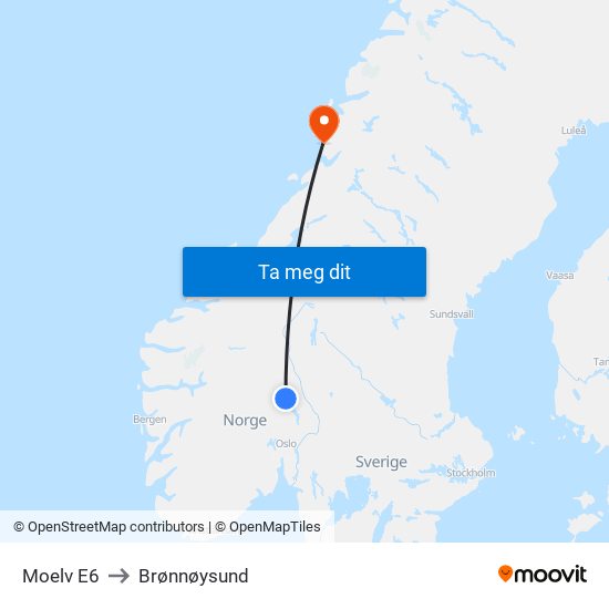 Moelv E6 to Brønnøysund map