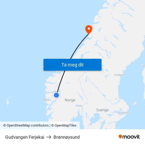 Gudvangen Ferjekai to Brønnøysund map
