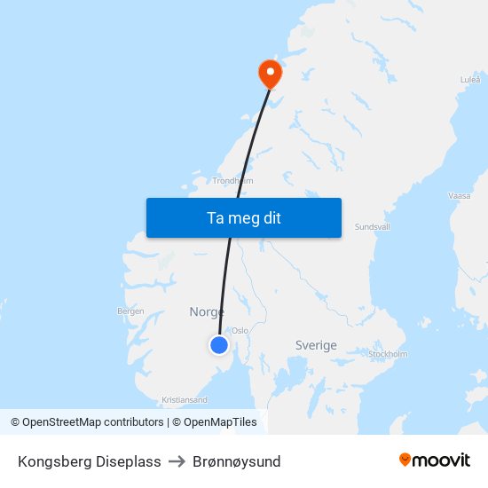 Kongsberg Diseplass to Brønnøysund map