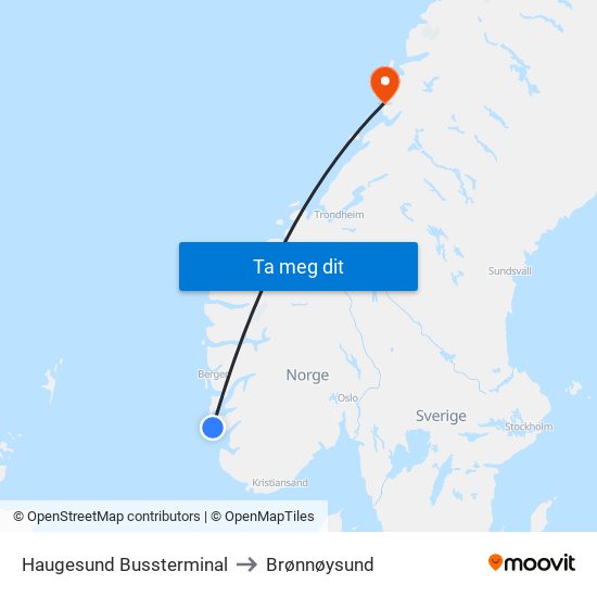 Haugesund Bussterminal to Brønnøysund map