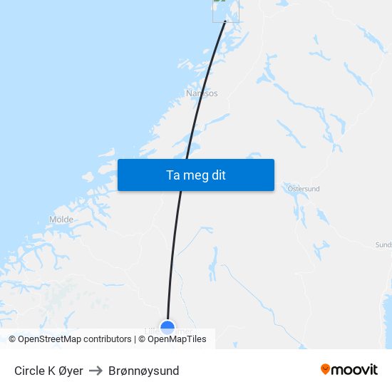 Circle K Øyer to Brønnøysund map