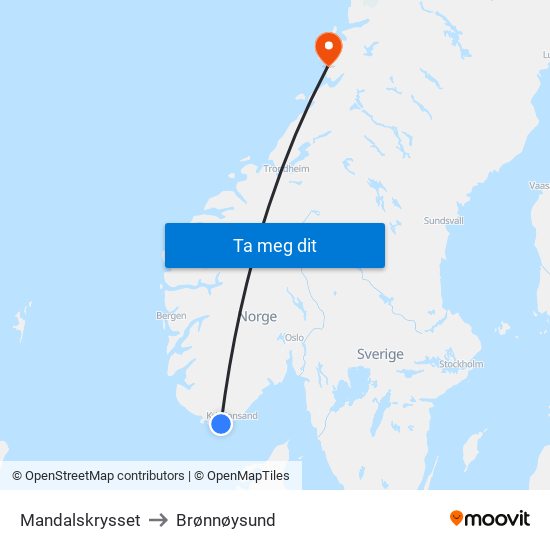 Mandalskrysset to Brønnøysund map