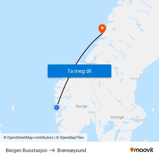 Bergen Busstasjon to Brønnøysund map