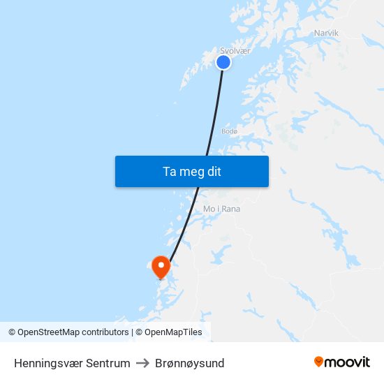 Henningsvær Sentrum to Brønnøysund map