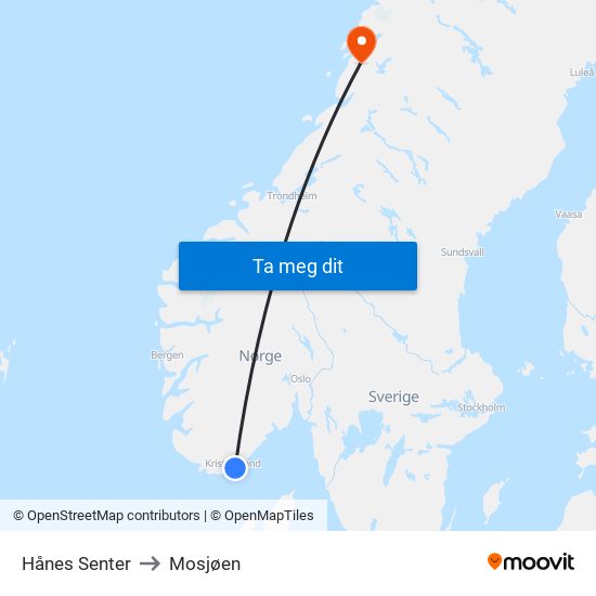 Hånes Senter to Mosjøen map