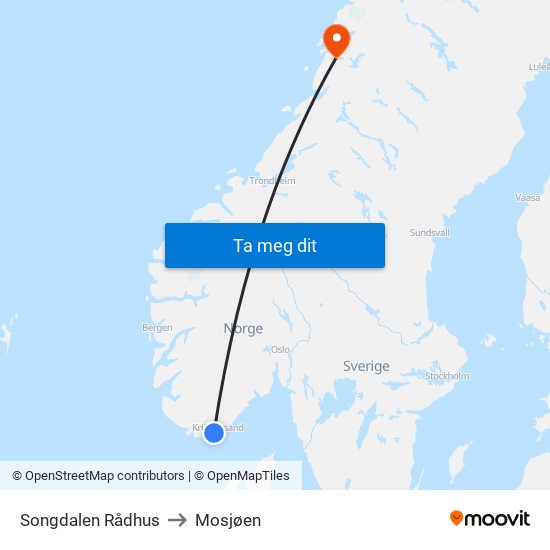 Songdalen Rådhus to Mosjøen map