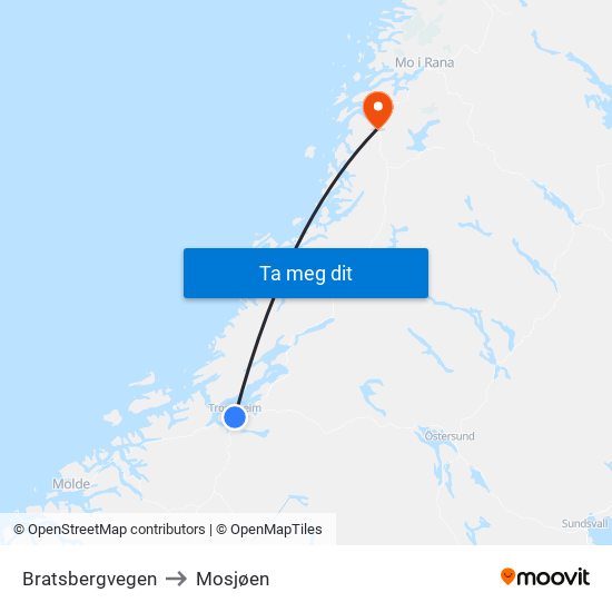 Bratsbergvegen to Mosjøen map
