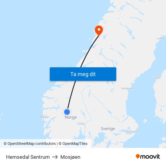 Hemsedal Sentrum to Mosjøen map