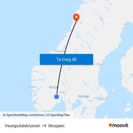 Veungsdalskrysset to Mosjøen map