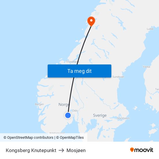 Kongsberg Knutepunkt to Mosjøen map