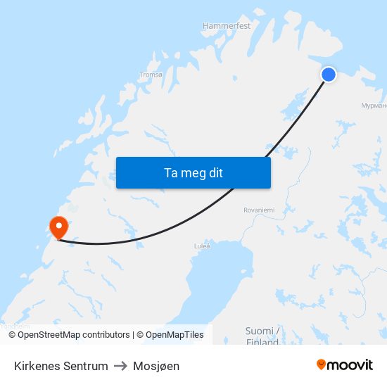 Kirkenes Sentrum to Mosjøen map