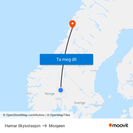Hamar Skysstasjon to Mosjøen map