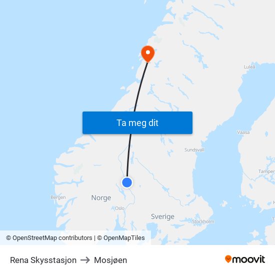 Rena Skysstasjon to Mosjøen map