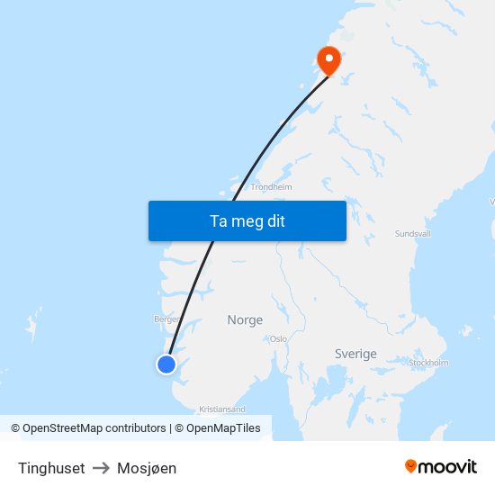 Tinghuset to Mosjøen map