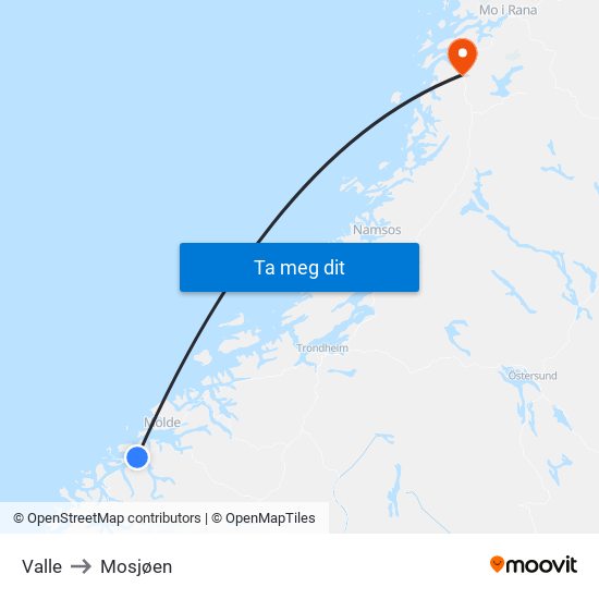 Valle to Mosjøen map