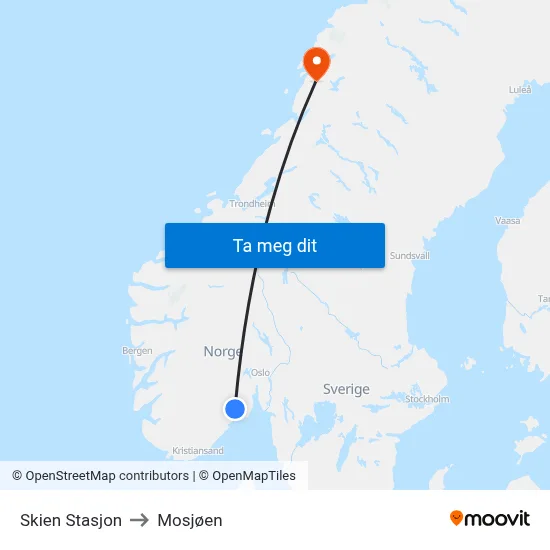 Skien Stasjon to Mosjøen map
