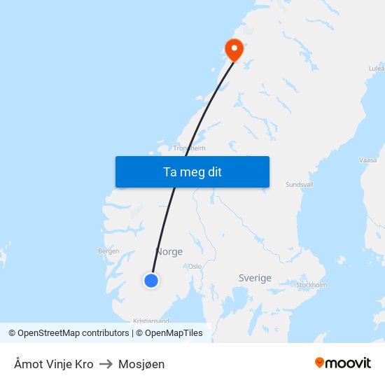Åmot Vinje Kro to Mosjøen map
