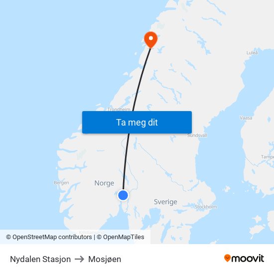Nydalen Stasjon to Mosjøen map