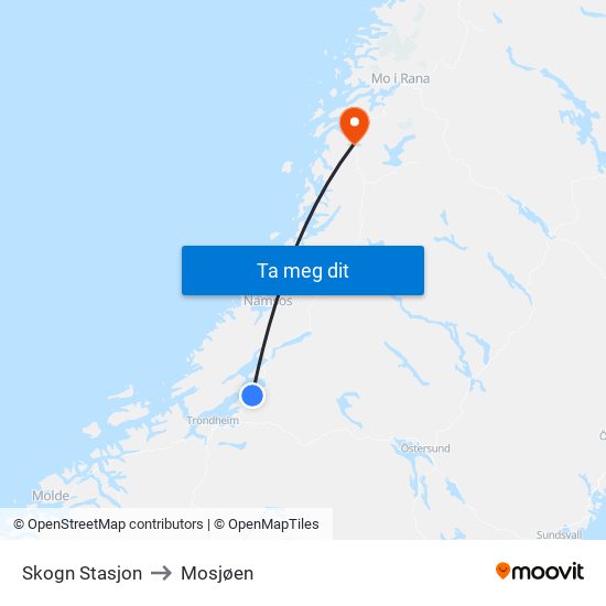 Skogn Stasjon to Mosjøen map