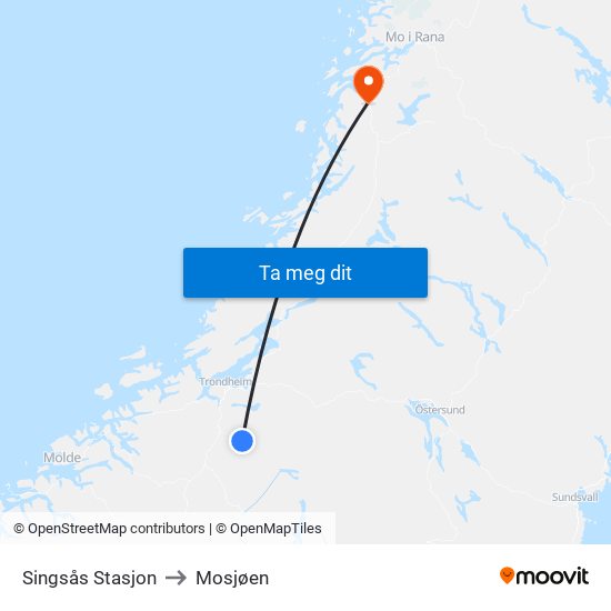 Singsås Stasjon to Mosjøen map