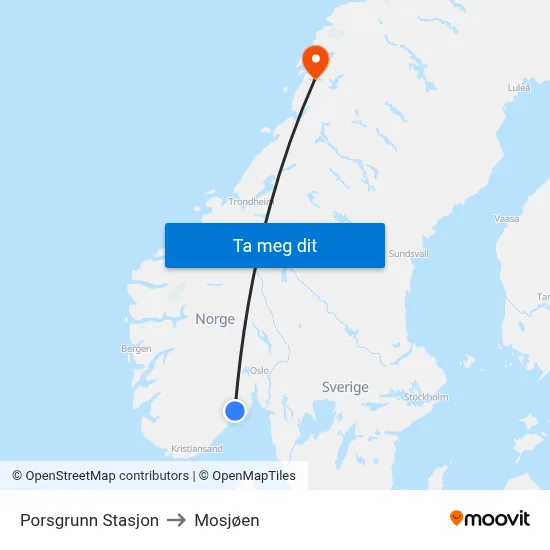 Porsgrunn Stasjon to Mosjøen map