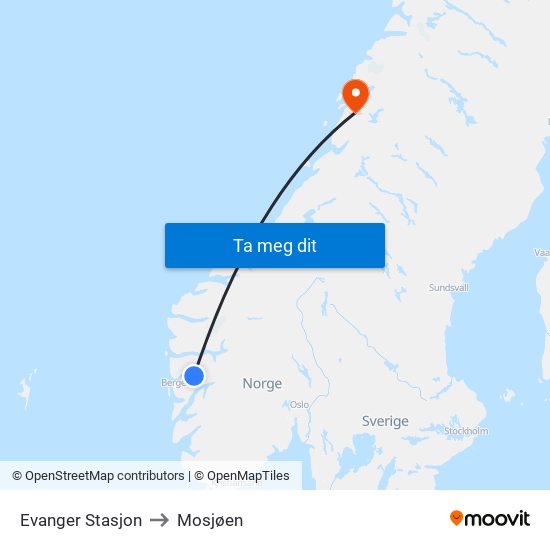 Evanger Stasjon to Mosjøen map