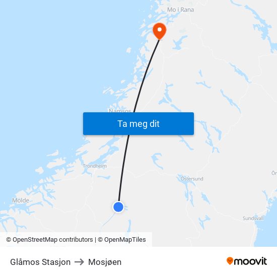 Glåmos Stasjon to Mosjøen map