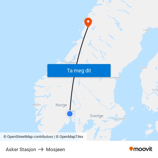 Asker Stasjon to Mosjøen map