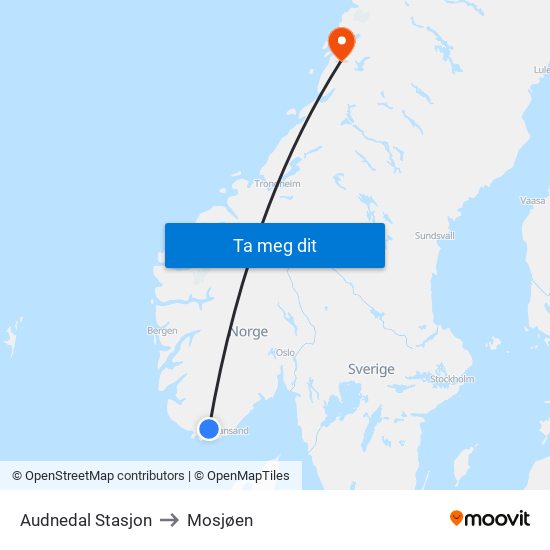Audnedal Stasjon to Mosjøen map