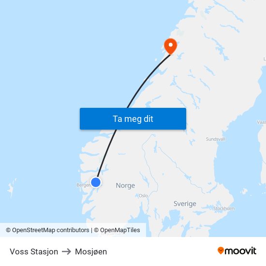 Voss Stasjon to Mosjøen map