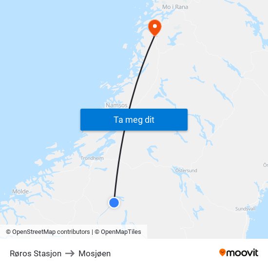 Røros Stasjon to Mosjøen map