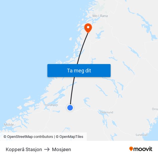 Kopperå Stasjon to Mosjøen map