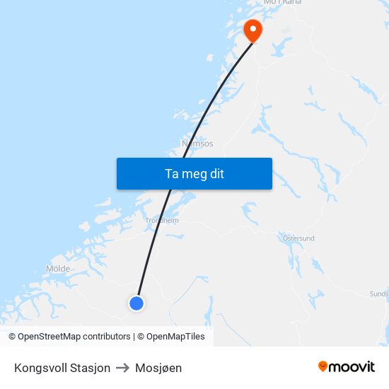 Kongsvoll Stasjon to Mosjøen map