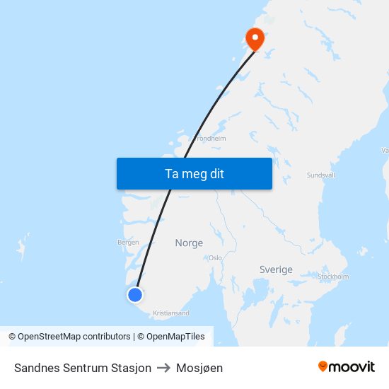 Sandnes Sentrum Stasjon to Mosjøen map