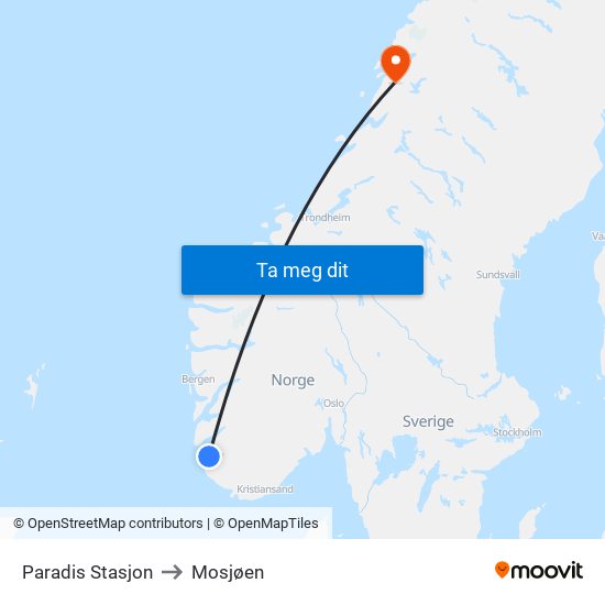 Paradis Stasjon to Mosjøen map