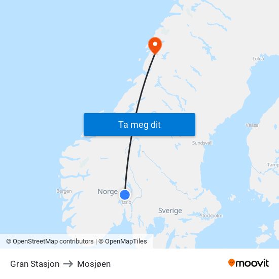 Gran Stasjon to Mosjøen map