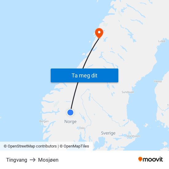 Tingvang to Mosjøen map