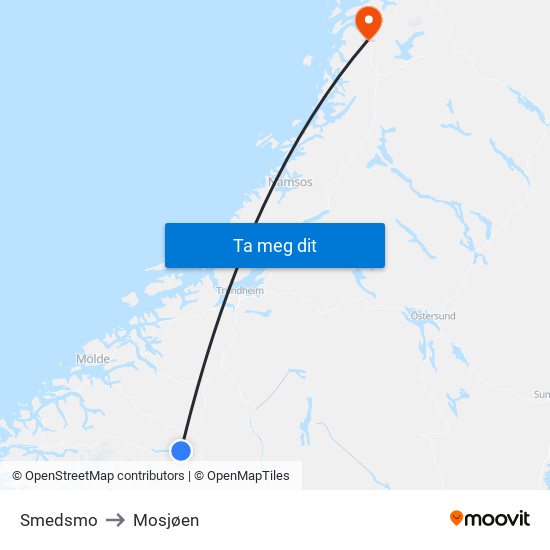 Smedsmo to Mosjøen map