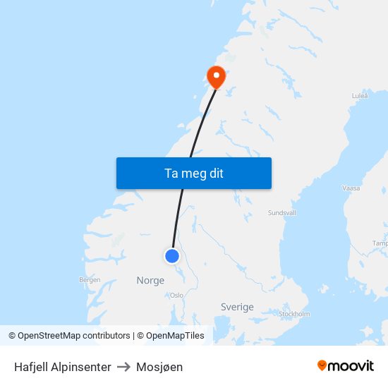 Hafjell Alpinsenter to Mosjøen map
