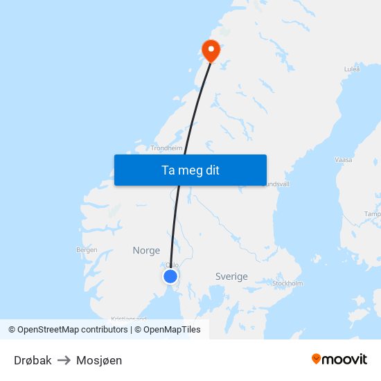 Drøbak to Mosjøen map