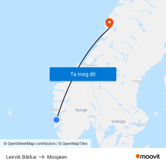 Leirvik Båtkai to Mosjøen map