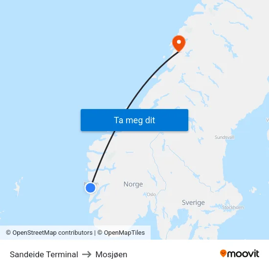 Sandeide Terminal to Mosjøen map