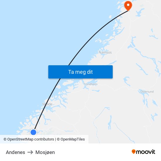 Andenes to Mosjøen map