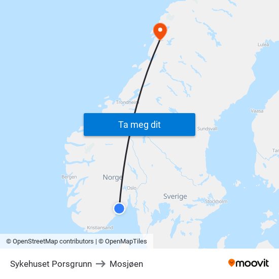 Sykehuset Porsgrunn to Mosjøen map