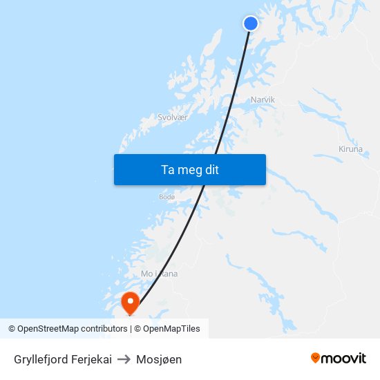 Gryllefjord Ferjekai to Mosjøen map